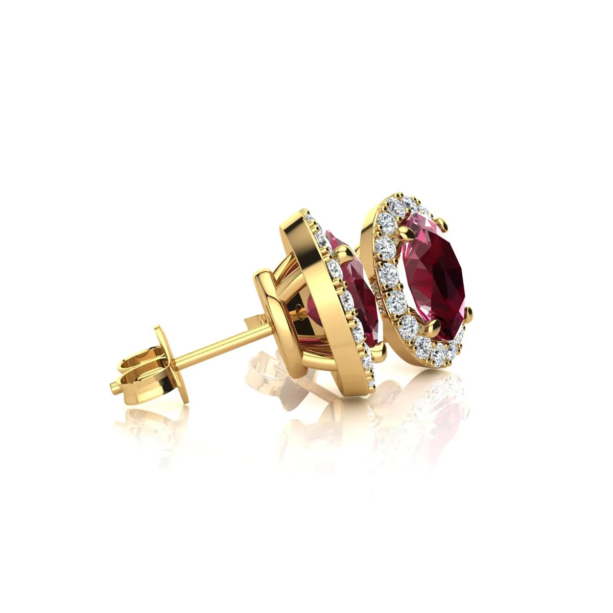 1 1/4 Carat Oval Shape Ruby And Halo Diamond Stud Earrings In 14 Karat Yellow Gold