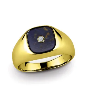 10K Gold Men's Diamond Ring with Natural Lapis Gemstone