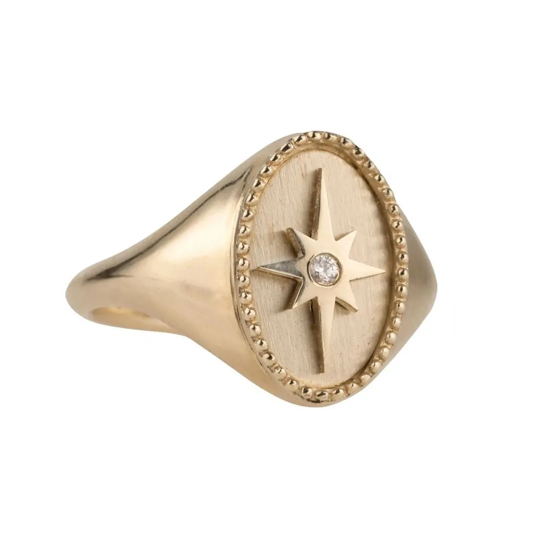 10K Gold Star Signet Ring with Diamond Detail