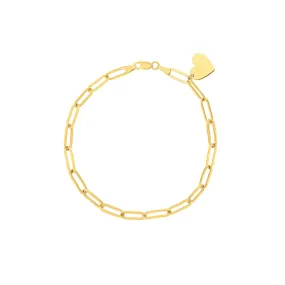 14K Yellow Gold Heart Charm Paperclip Bracelet