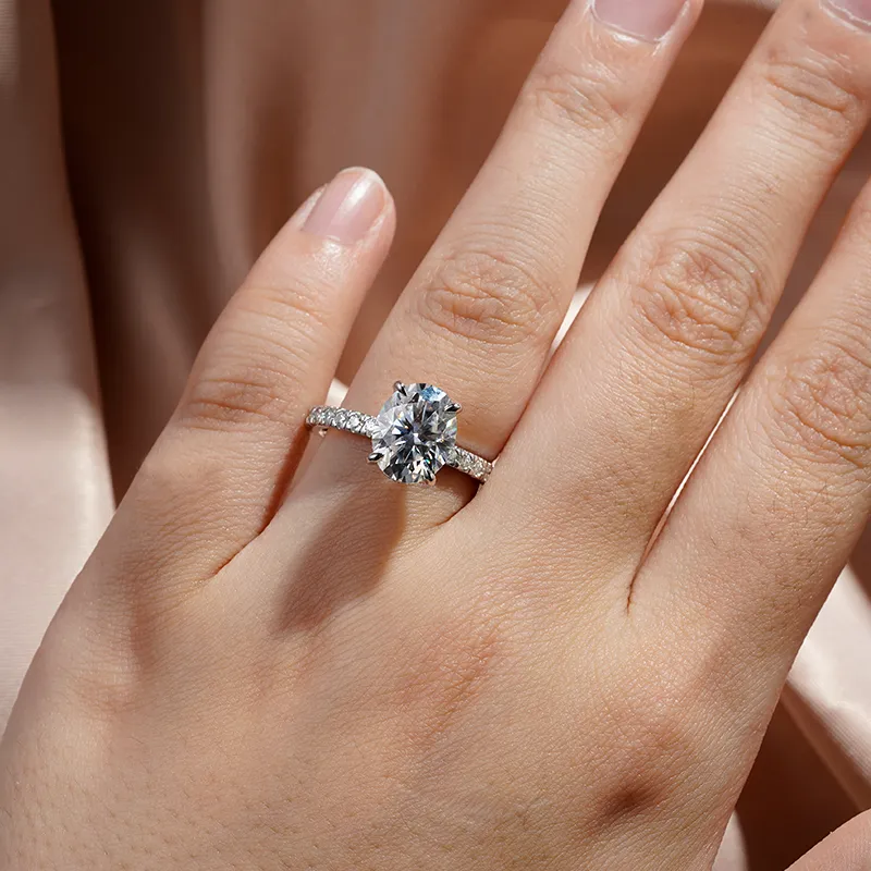 3 CT. Micropavé Oval Moissanite Engagement Ring With Hidden Halo