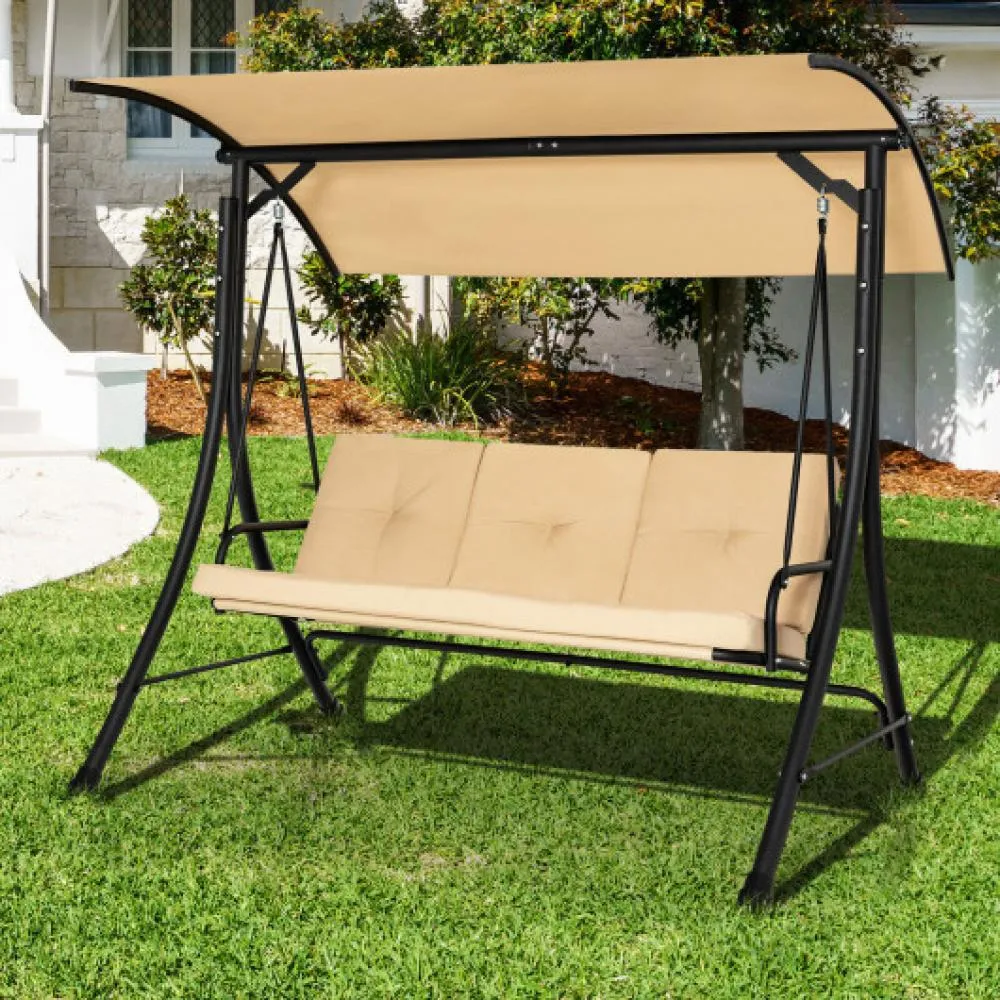 3-Seat Outdoor Porch Swing with Adjustable Canopy and Padded Cushions-Beige