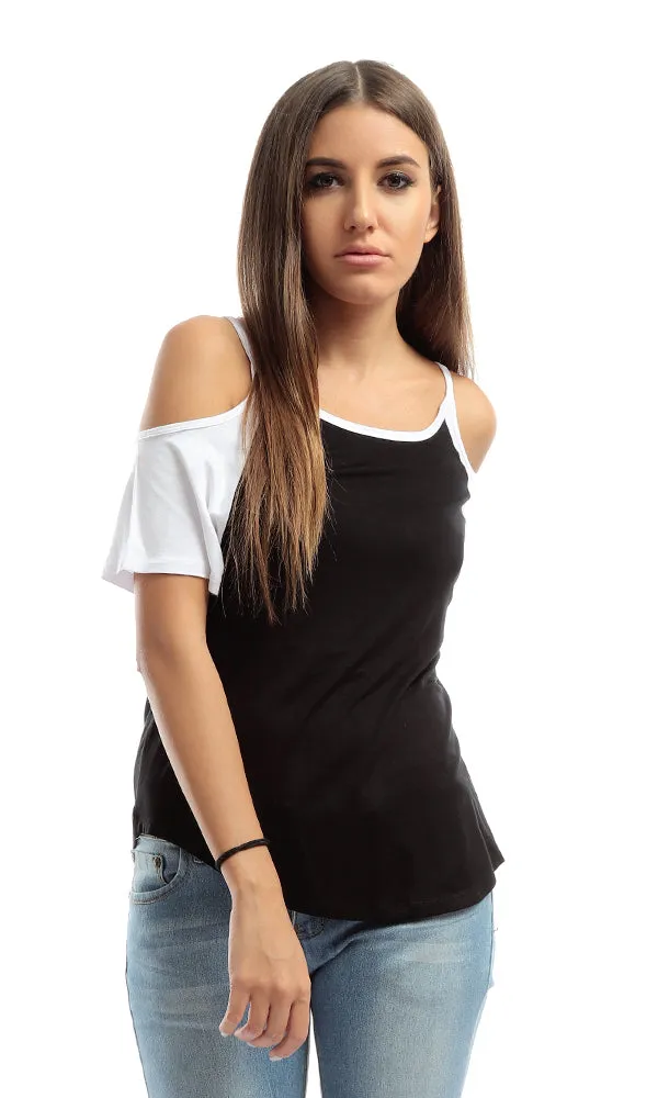 48875 Cute Black & White Cold-The-Shoulder Tee