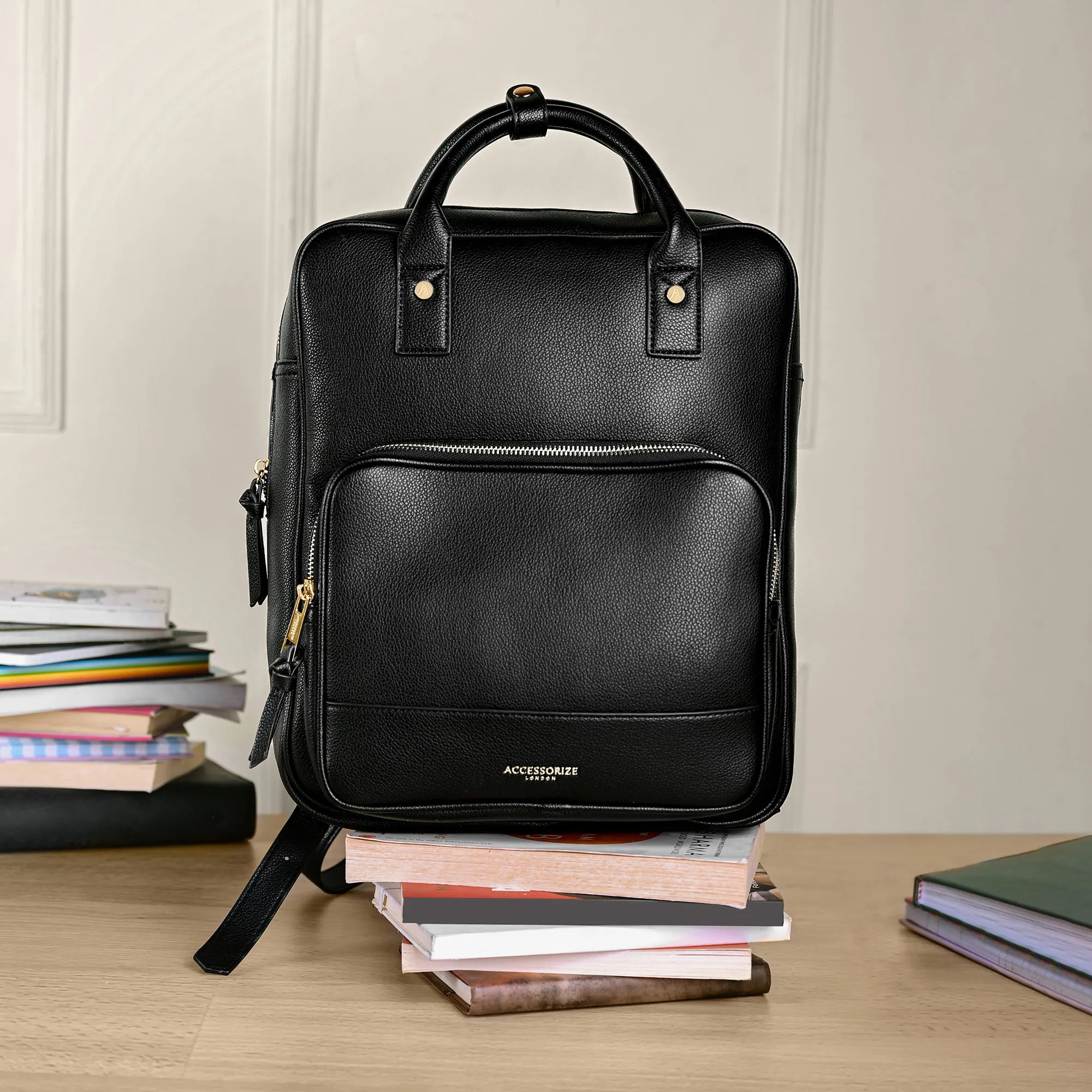 Accessorize London Women's Faux Leather Black Backpack With 12 Laptop Sleeve