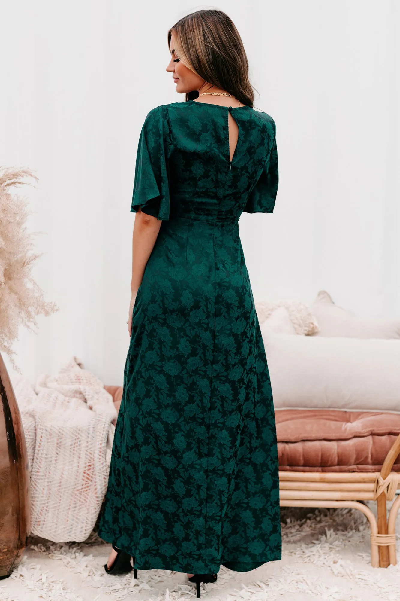 Always Celebrating Ruched Front Floral Maxi Dress (Dark Green)