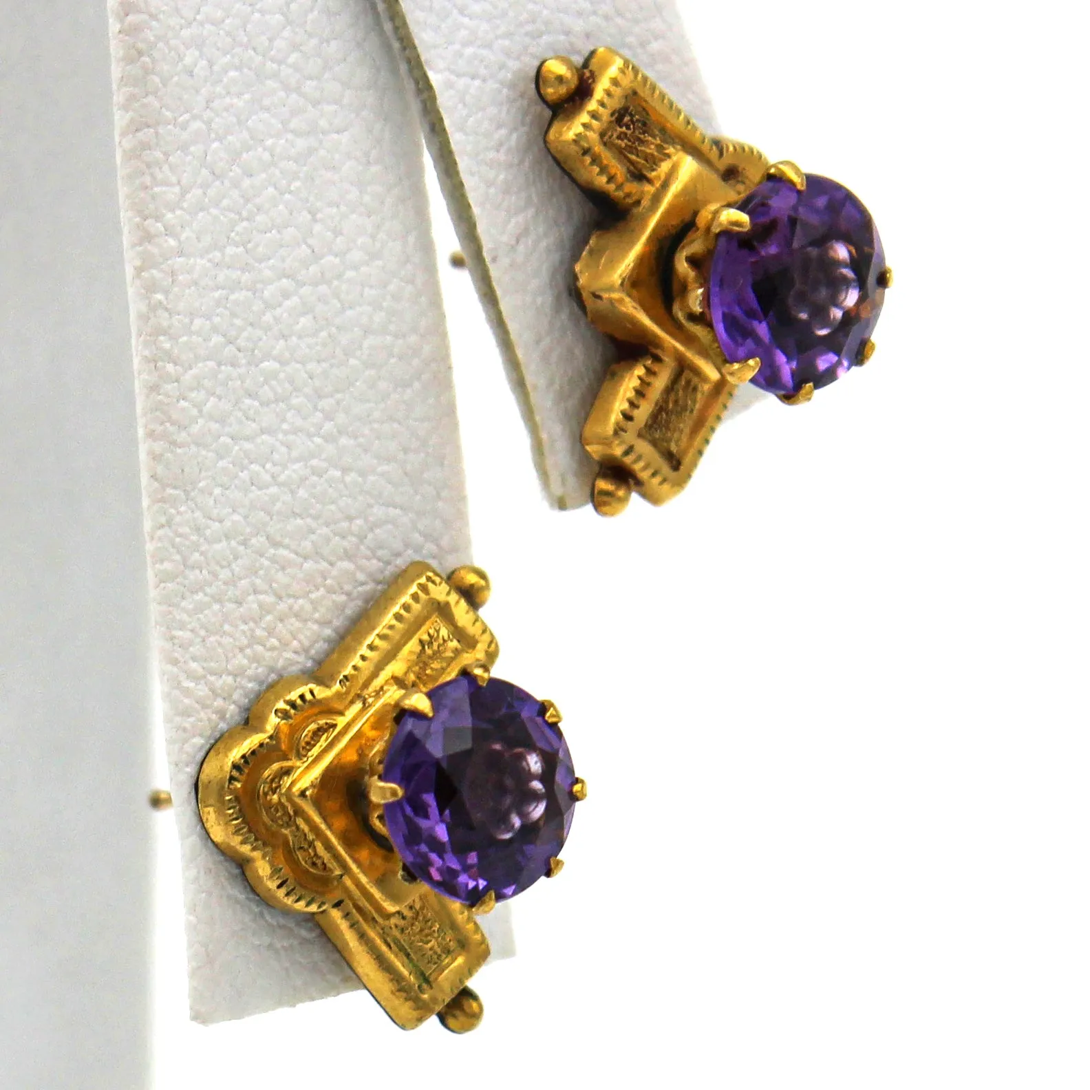 Antique Victorian 14K Yellow Gold Floral Carved Amethyst Stud Earrings