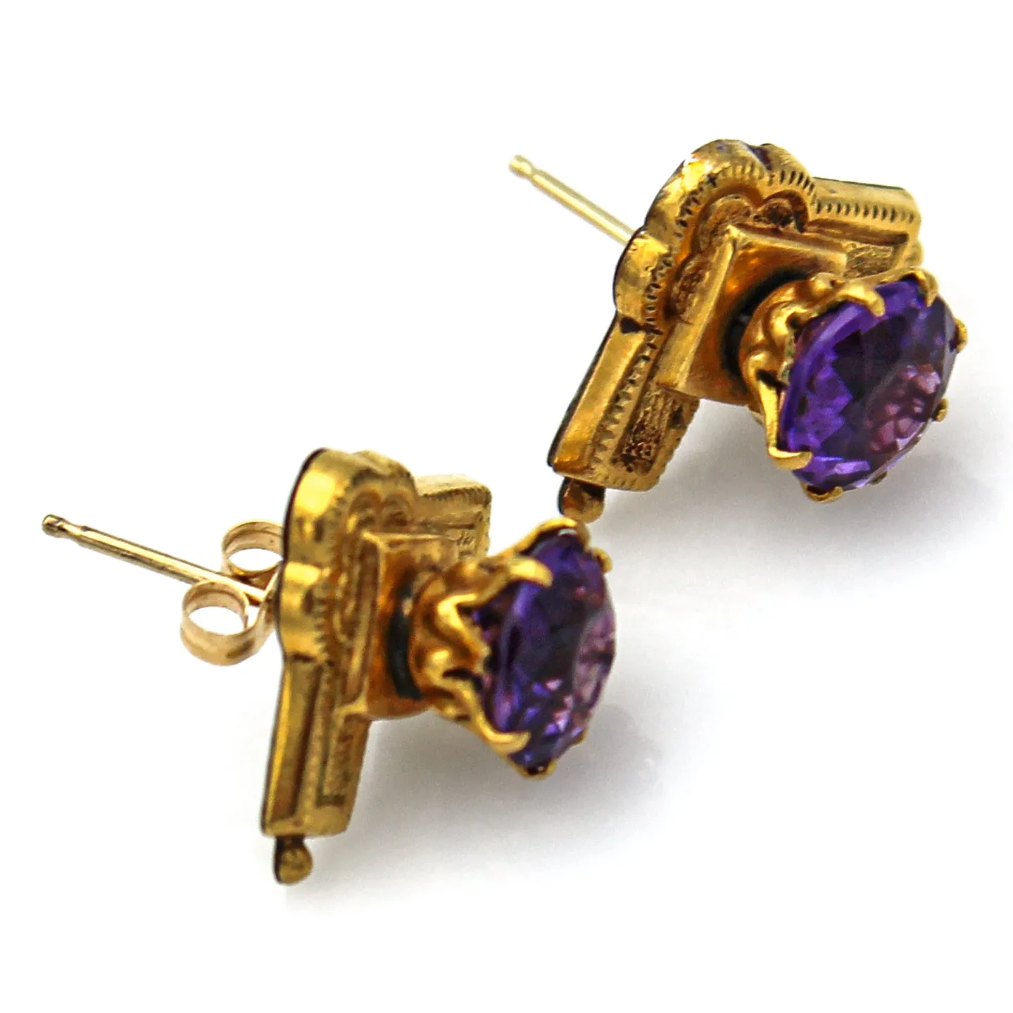 Antique Victorian 14K Yellow Gold Floral Carved Amethyst Stud Earrings