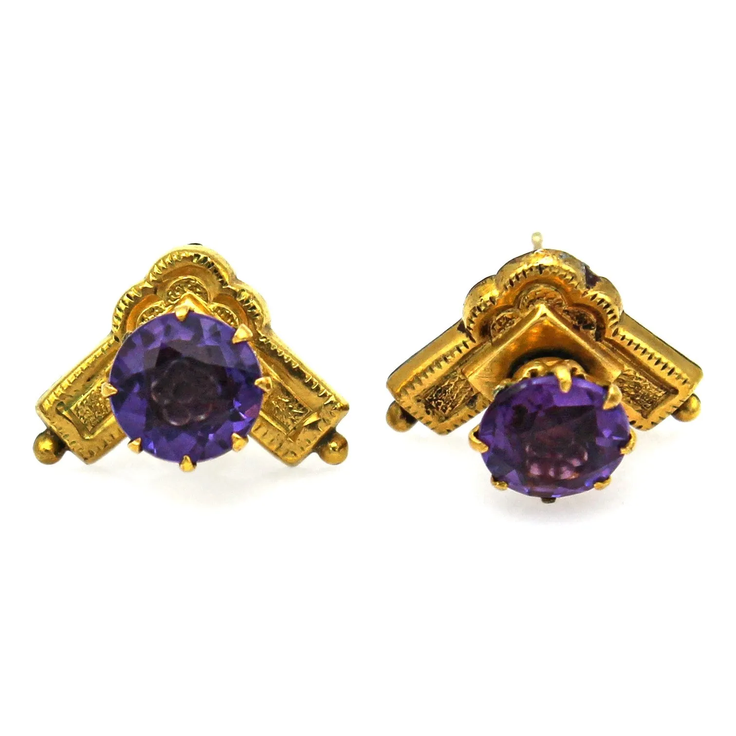 Antique Victorian 14K Yellow Gold Floral Carved Amethyst Stud Earrings