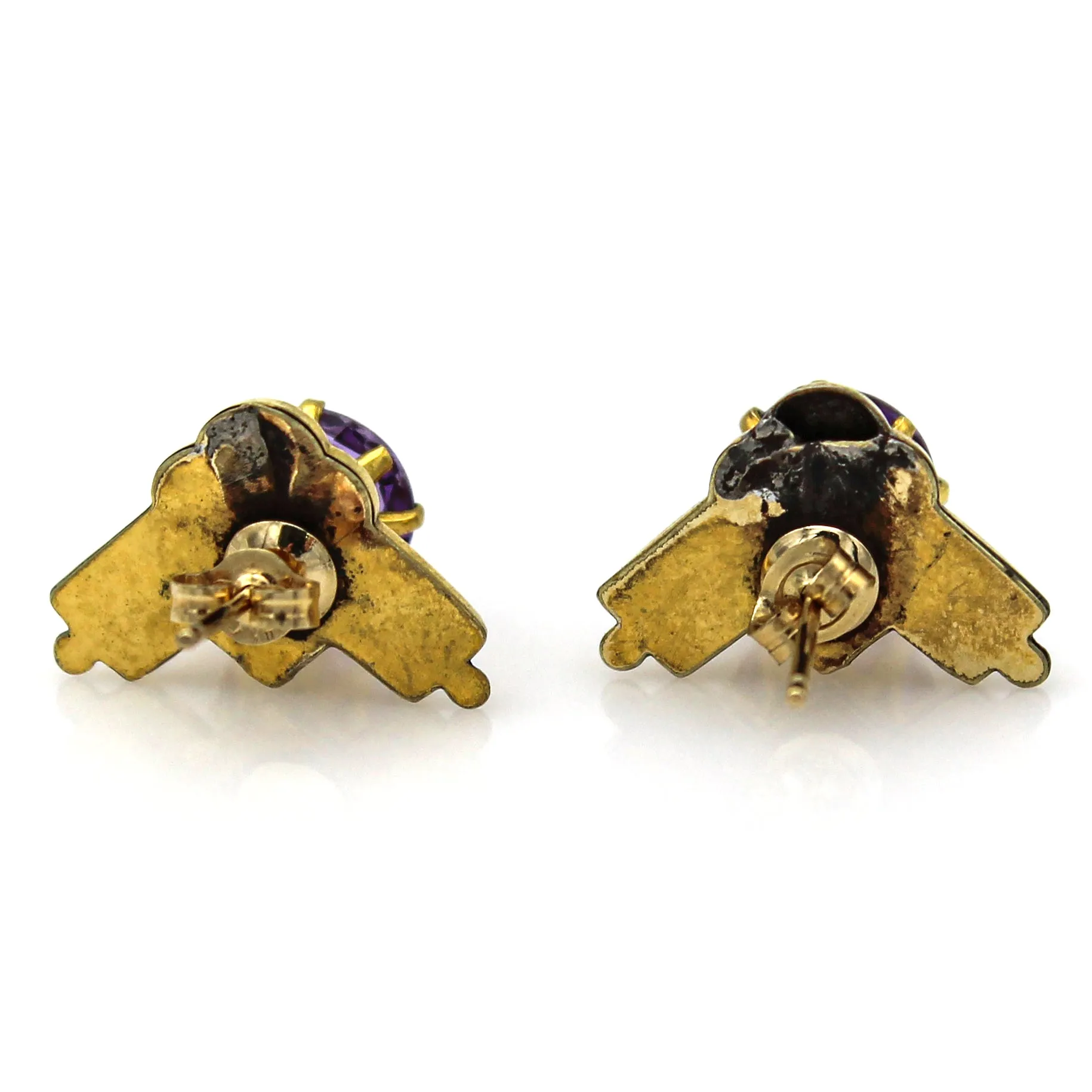 Antique Victorian 14K Yellow Gold Floral Carved Amethyst Stud Earrings