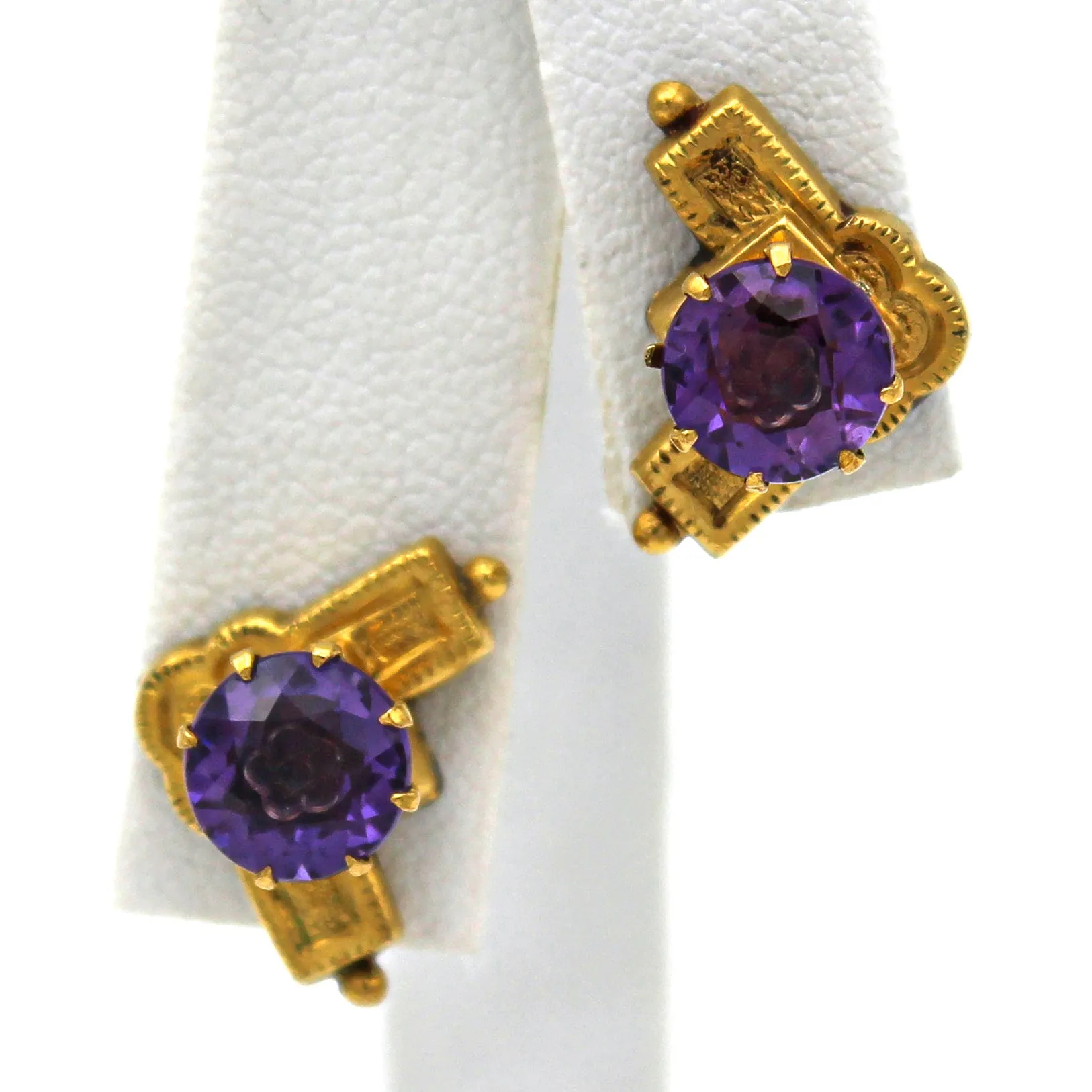 Antique Victorian 14K Yellow Gold Floral Carved Amethyst Stud Earrings