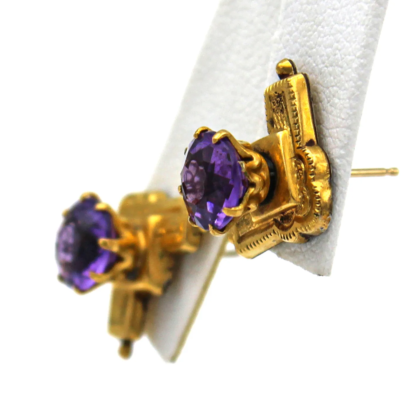 Antique Victorian 14K Yellow Gold Floral Carved Amethyst Stud Earrings