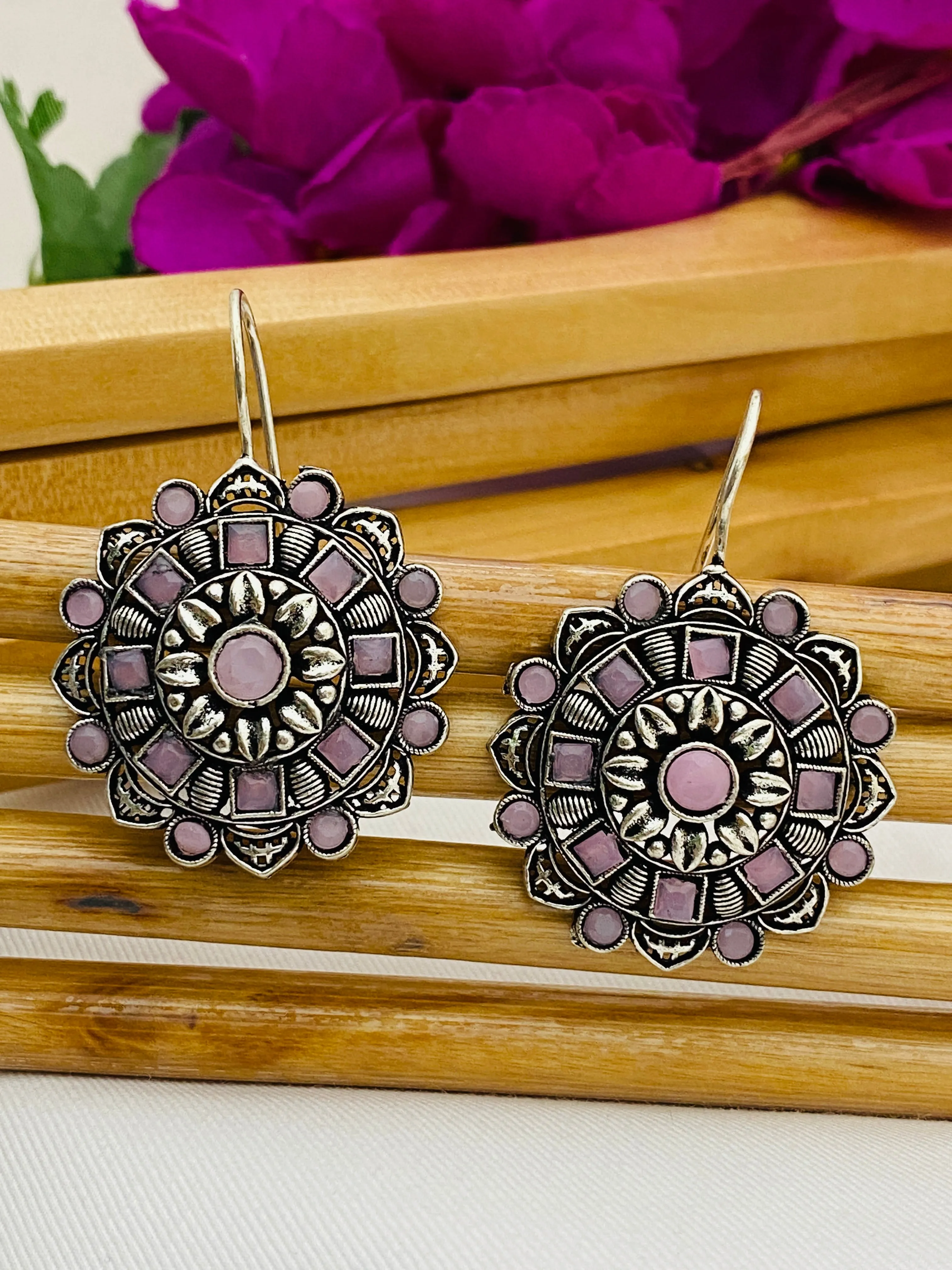 Attractive Pink Stone Beaded Silver Plated Floral Charm Dangle Hook Earrings