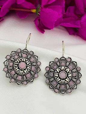 Attractive Pink Stone Beaded Silver Plated Floral Charm Dangle Hook Earrings