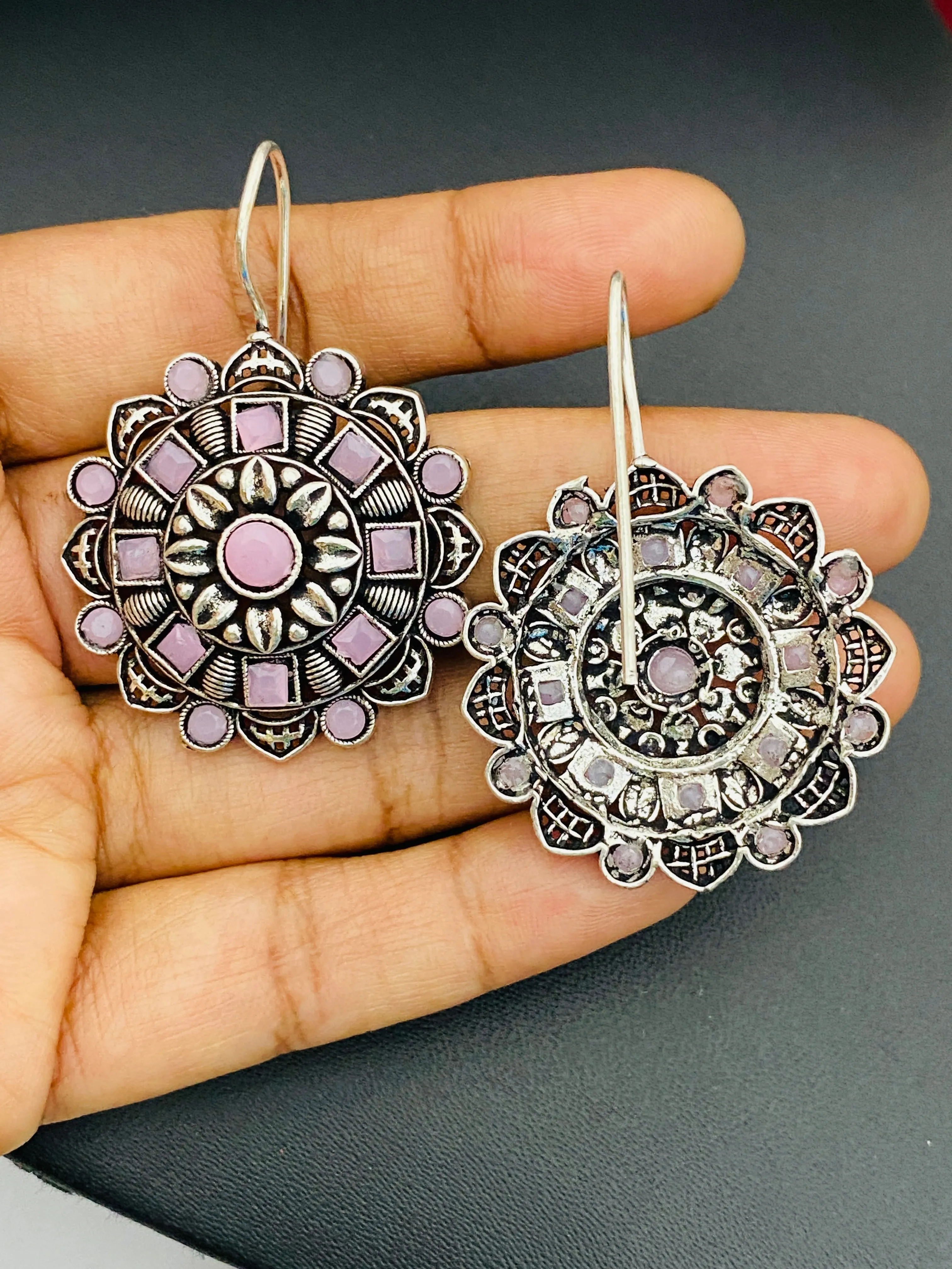 Attractive Pink Stone Beaded Silver Plated Floral Charm Dangle Hook Earrings