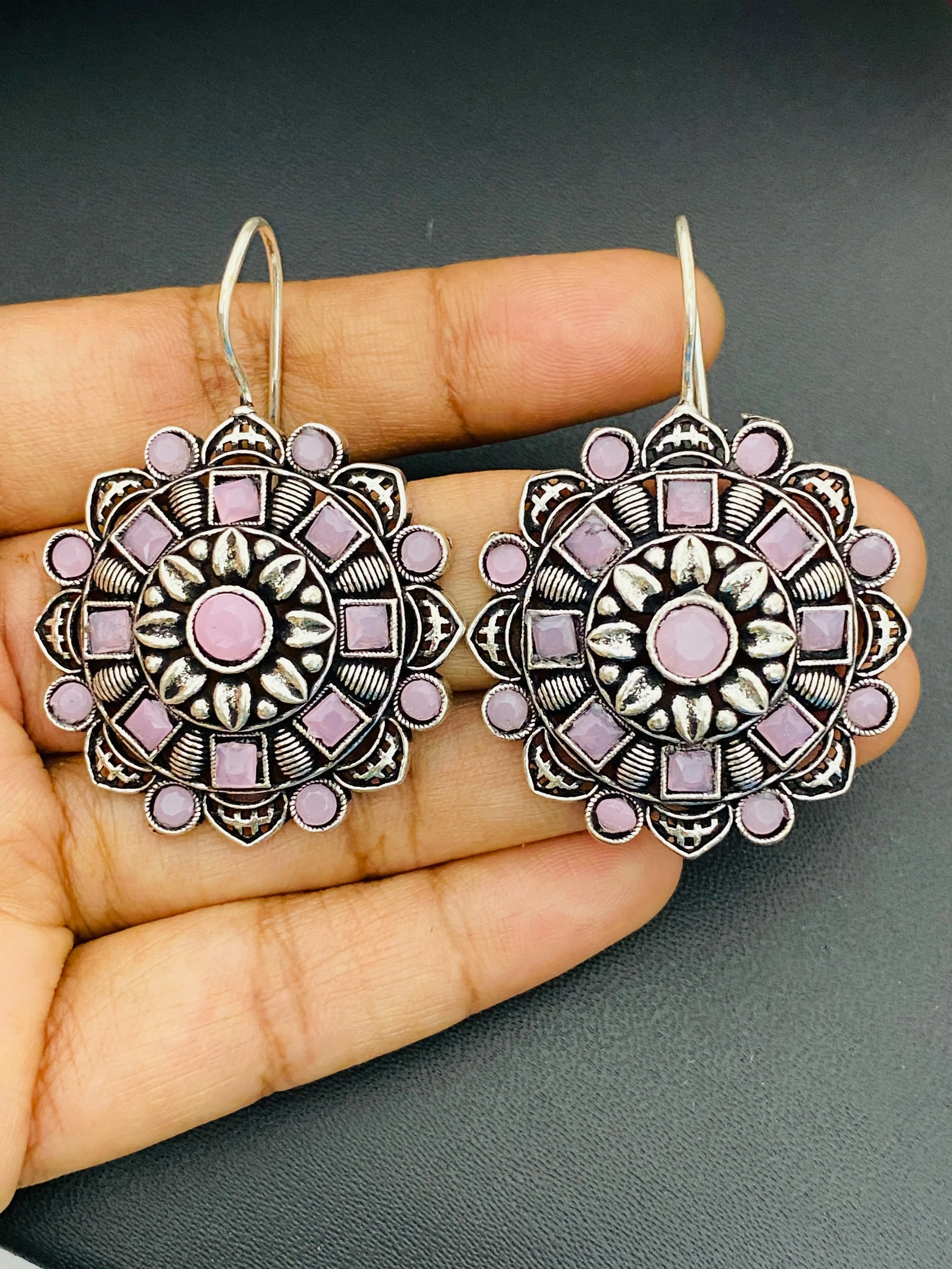 Attractive Pink Stone Beaded Silver Plated Floral Charm Dangle Hook Earrings