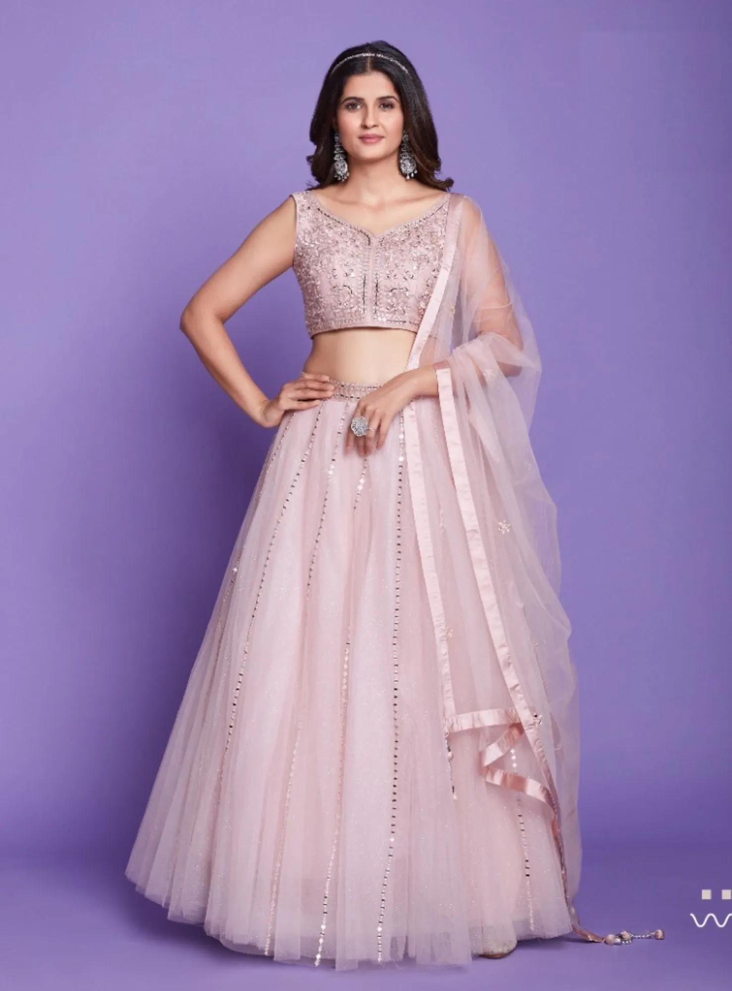 Baby Pink Lehenga With Silver Mirror Embroidery- Clearance