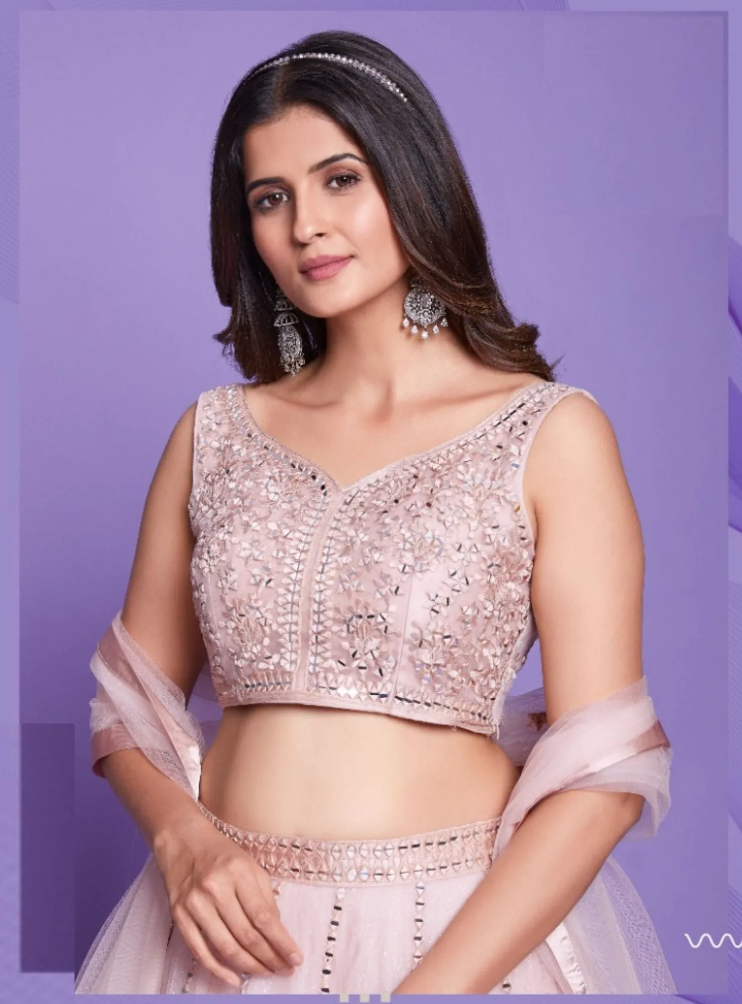 Baby Pink Lehenga With Silver Mirror Embroidery- Clearance