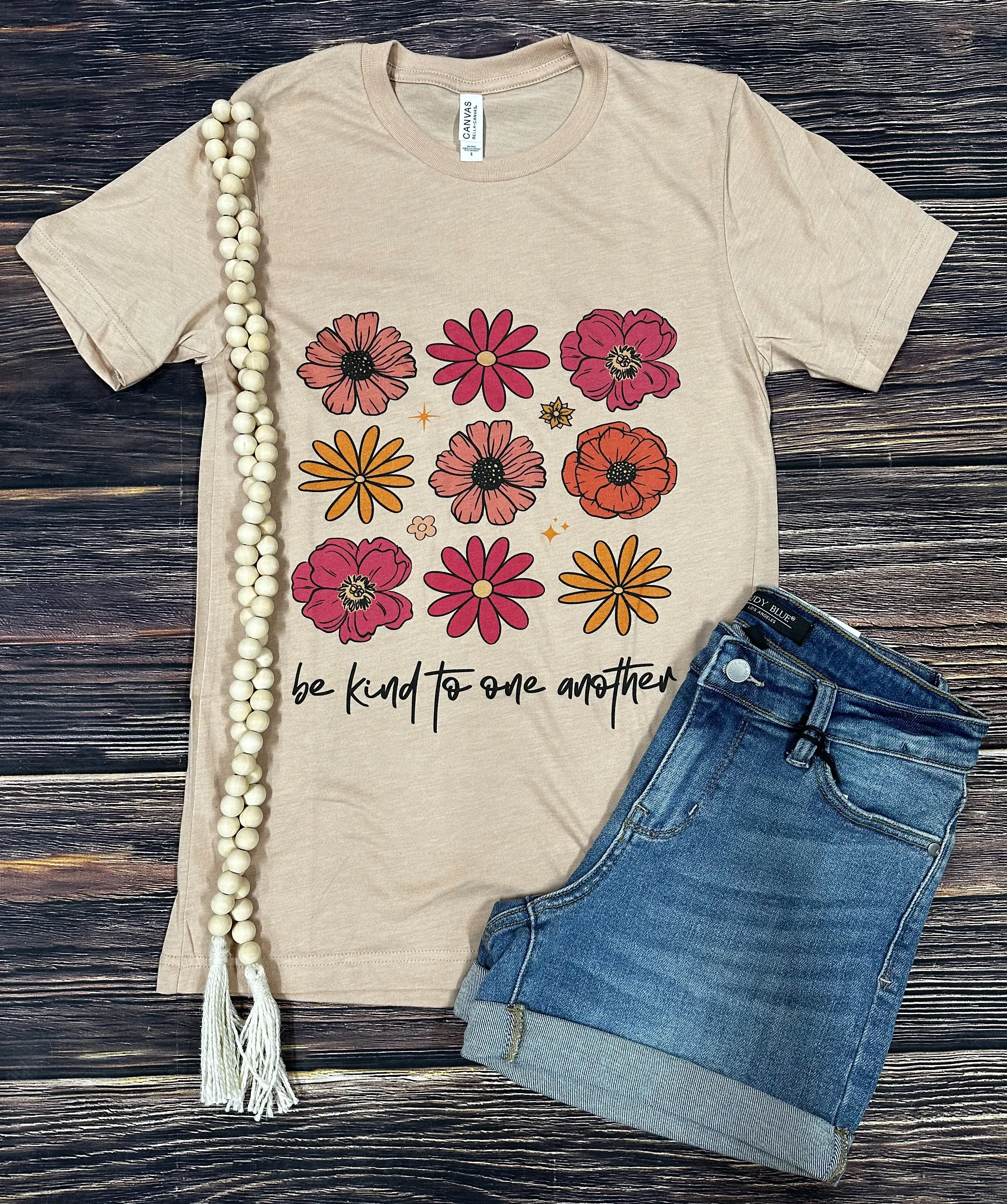 {BE KIND TO ONE ANOTHER} Floral Heather Sand Dune Crew Neck Tee