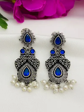 Beautiful Blue Stone Beaded Floral Design Silver Plated Oxidized Earrings With Pearl Drops