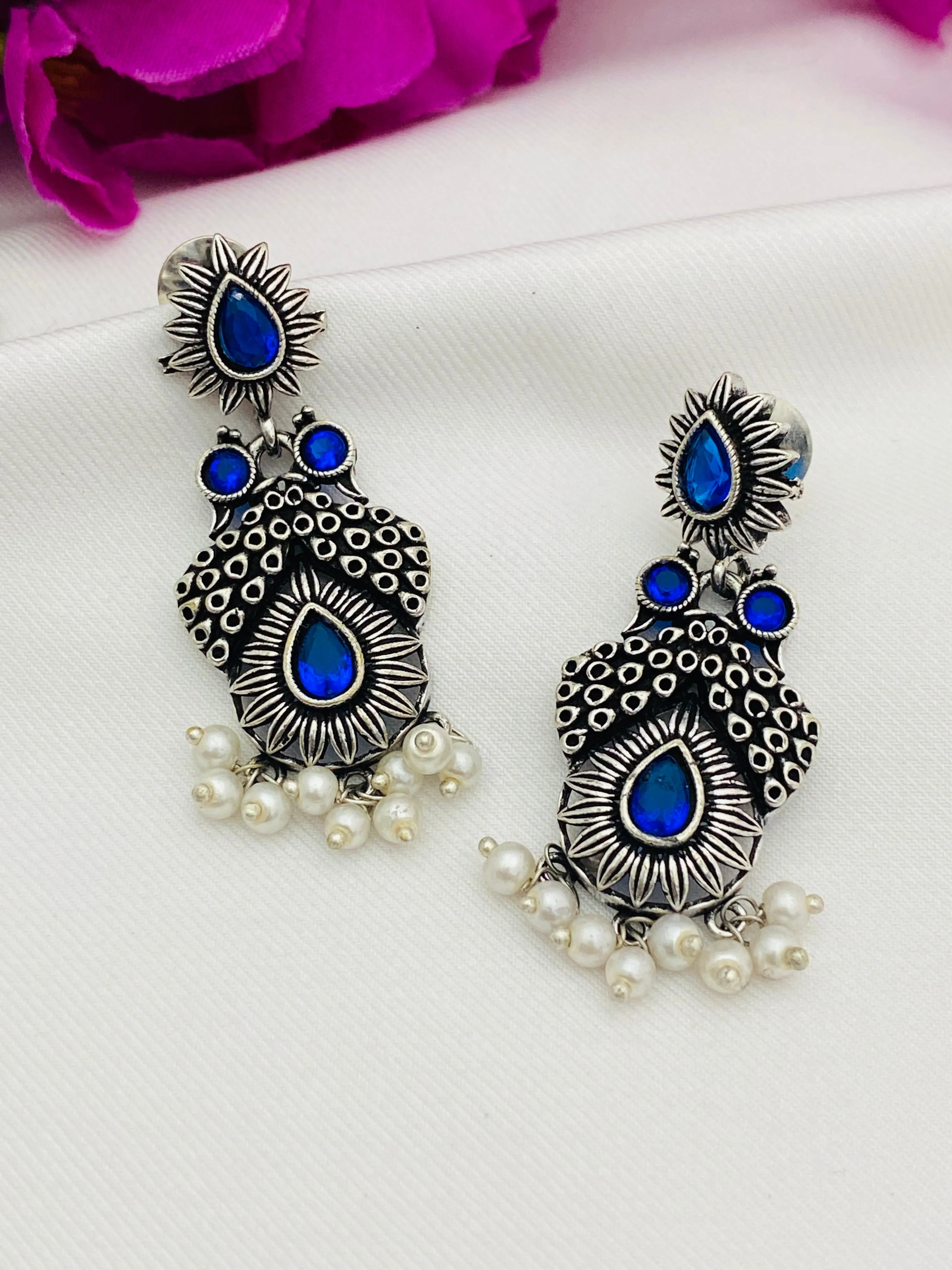 Beautiful Blue Stone Beaded Floral Design Silver Plated Oxidized Earrings With Pearl Drops