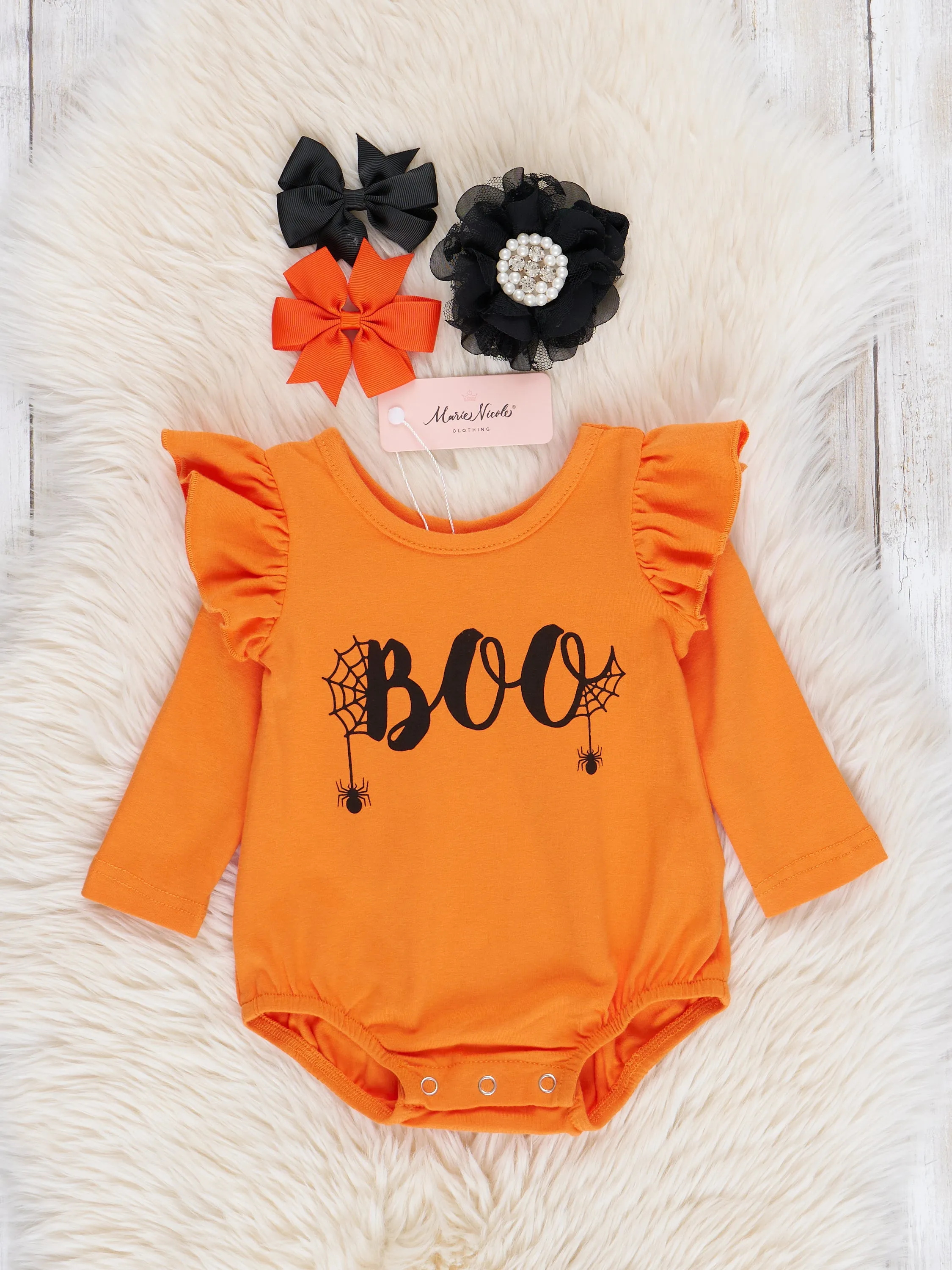 Black & Orange "Boo" Ruffle Tulle Romper Outfit