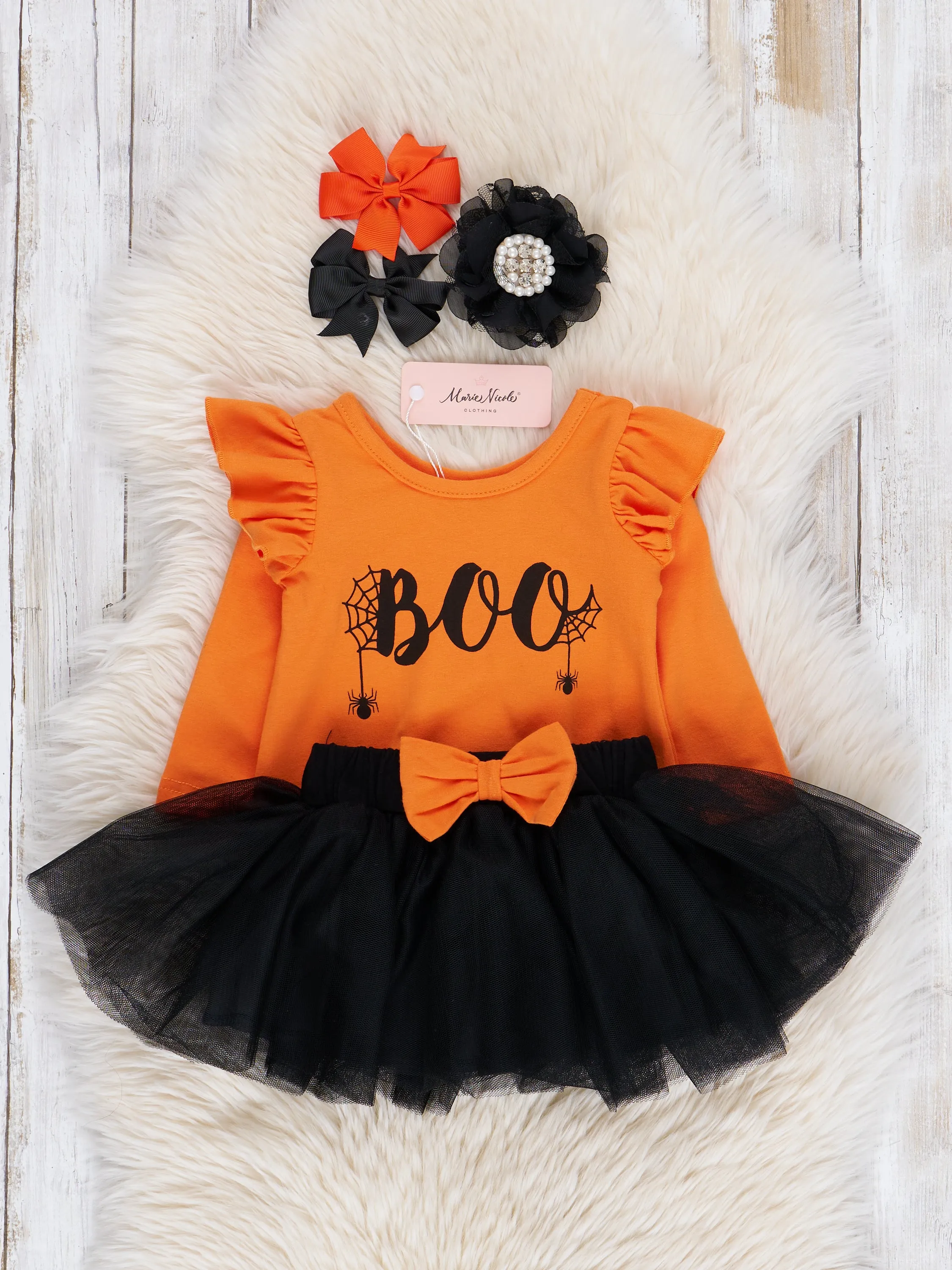 Black & Orange "Boo" Ruffle Tulle Romper Outfit