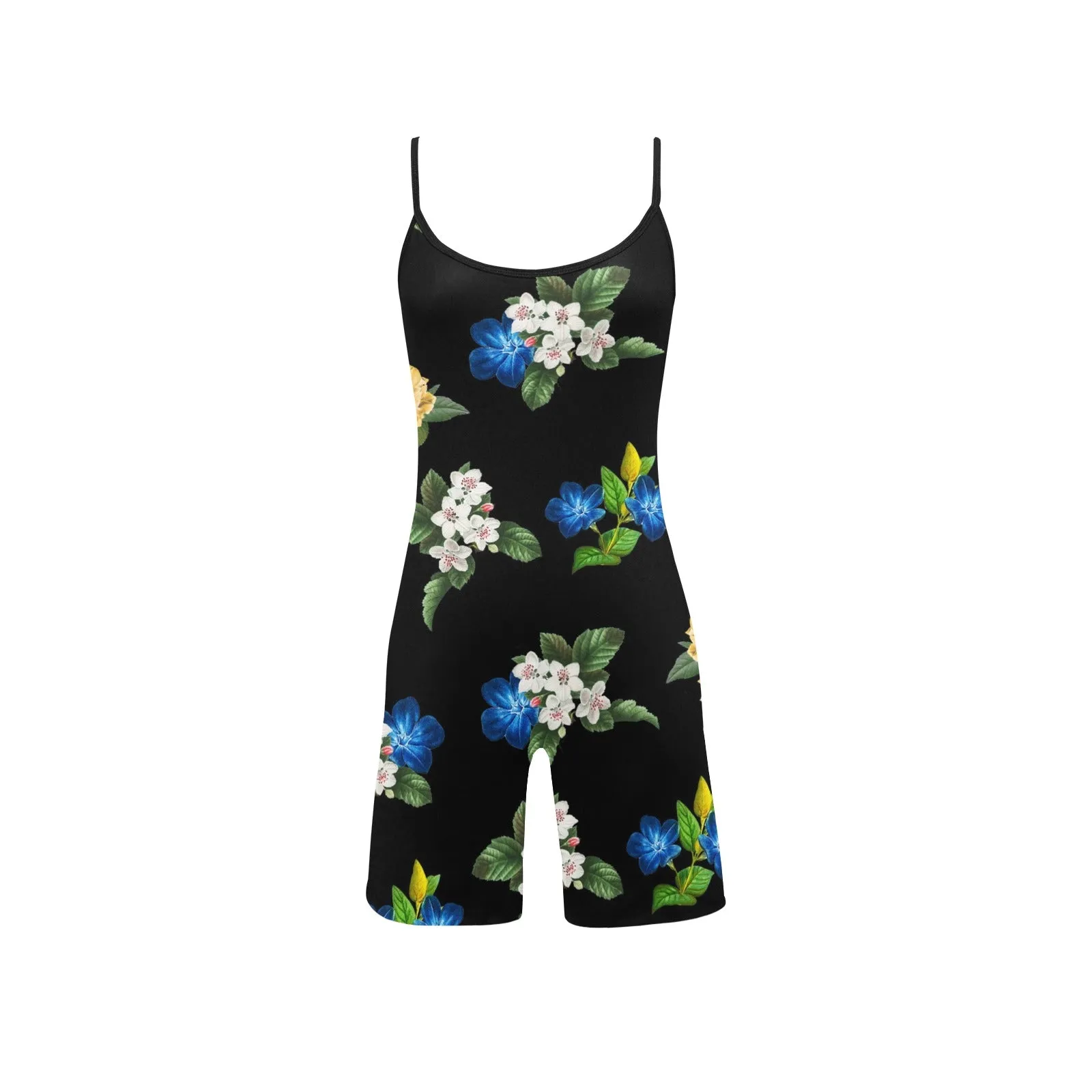 black back blue gold white floral print large Women's Short Yoga Bodysuit