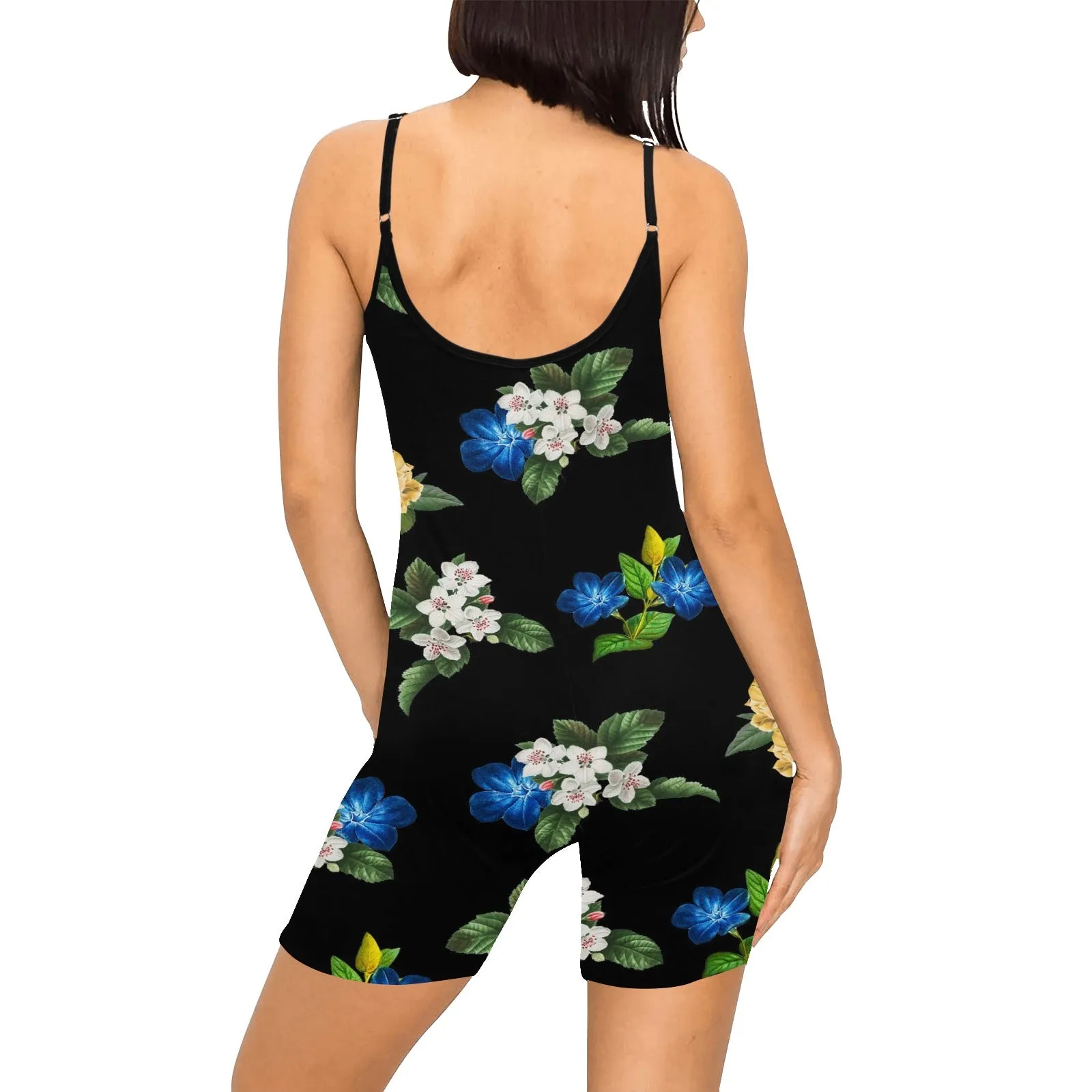 black back blue gold white floral print large Women's Short Yoga Bodysuit