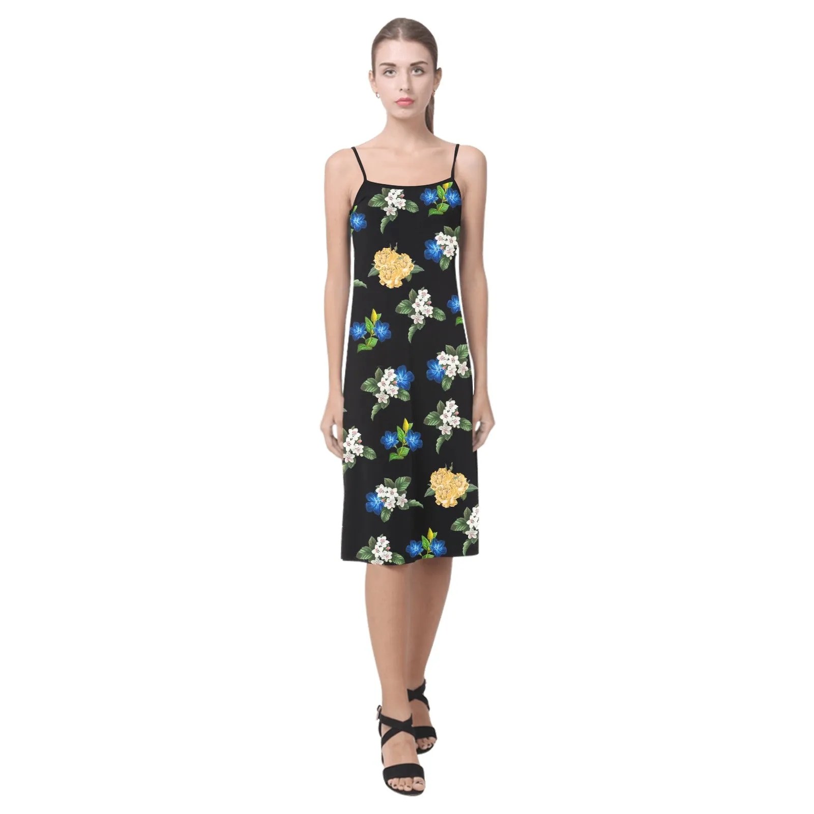 black back med size blue gold white floral print Alcestis Slip Dress (Model D05)