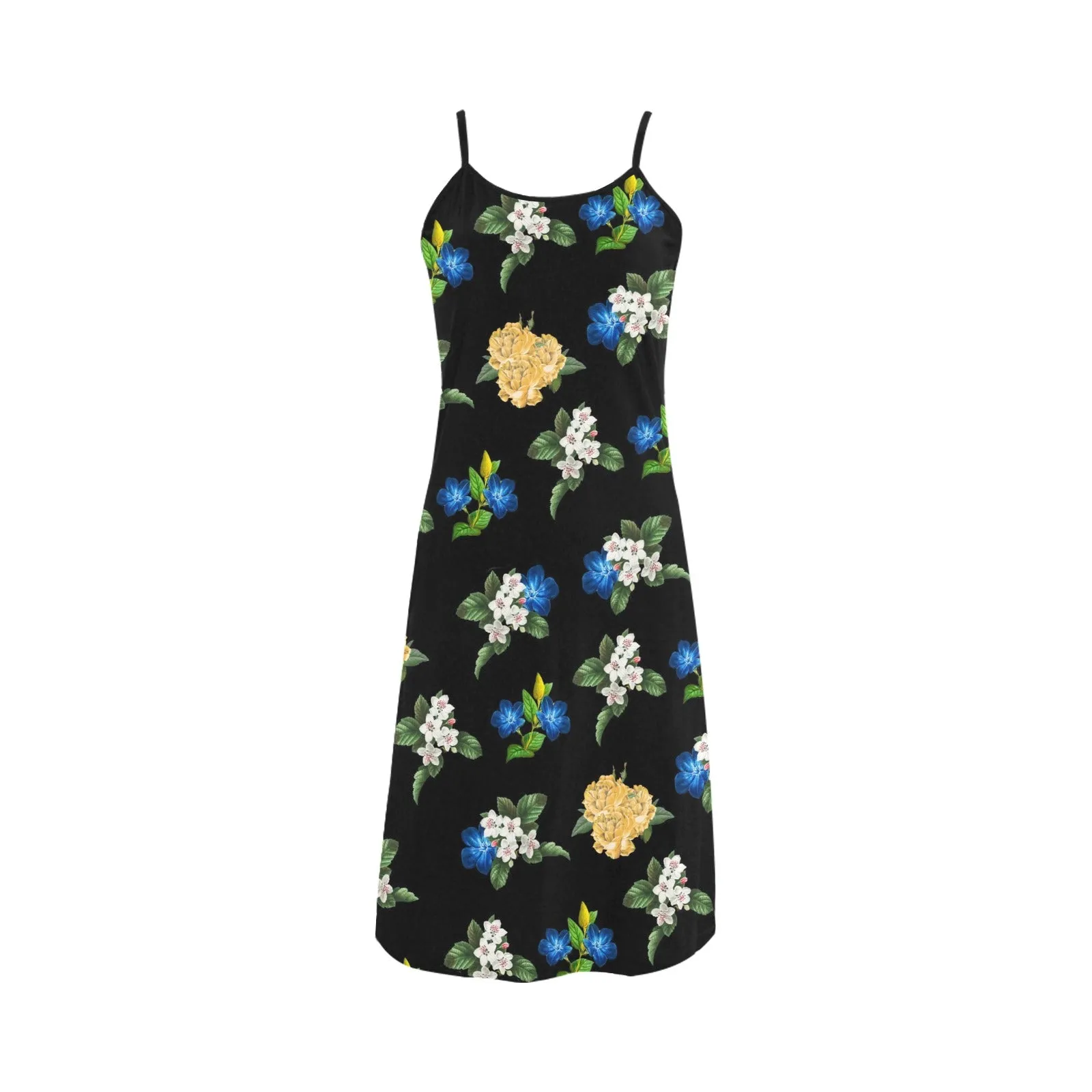 black back med size blue gold white floral print Alcestis Slip Dress (Model D05)