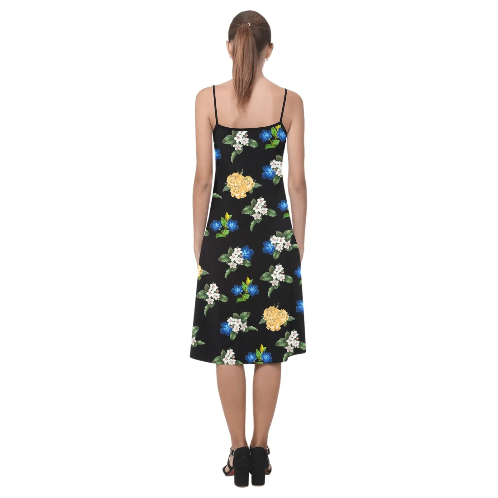 black back med size blue gold white floral print Alcestis Slip Dress (Model D05)