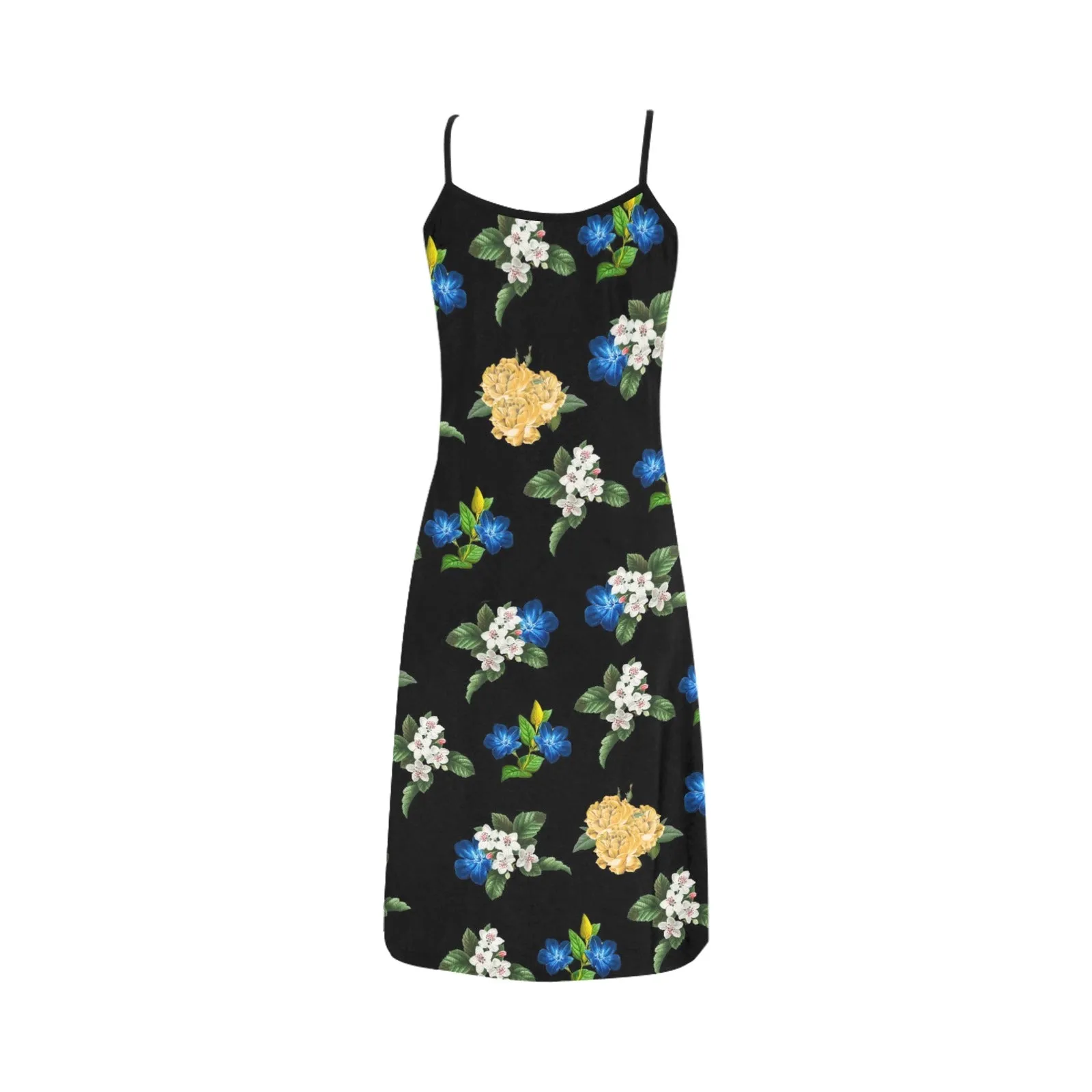 black back med size blue gold white floral print Alcestis Slip Dress (Model D05)