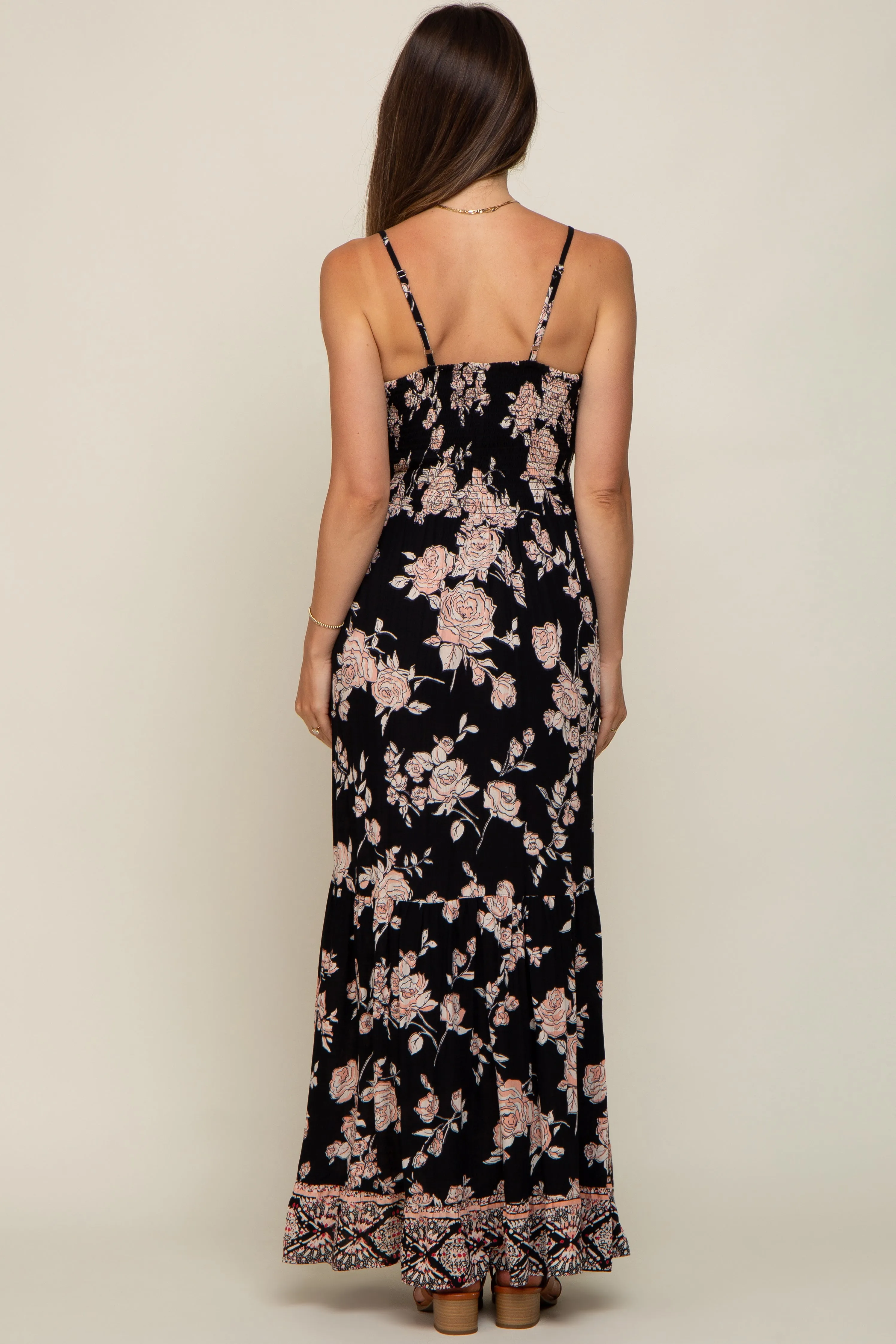 Black Floral Border Print Front Twist Maternity Maxi Dress