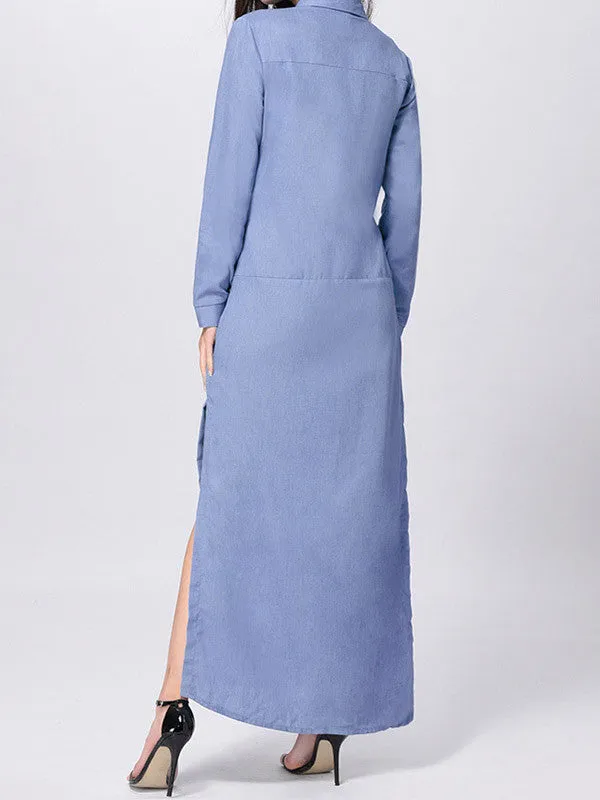 Blue Denim Shirt Collar Long Sleeve Slit Side Maxi Dress