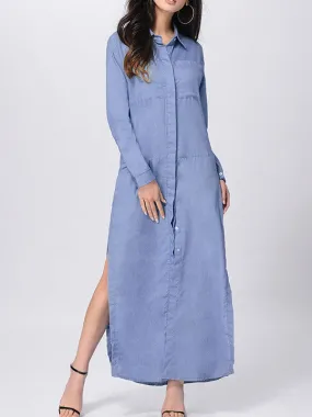 Blue Denim Shirt Collar Long Sleeve Slit Side Maxi Dress