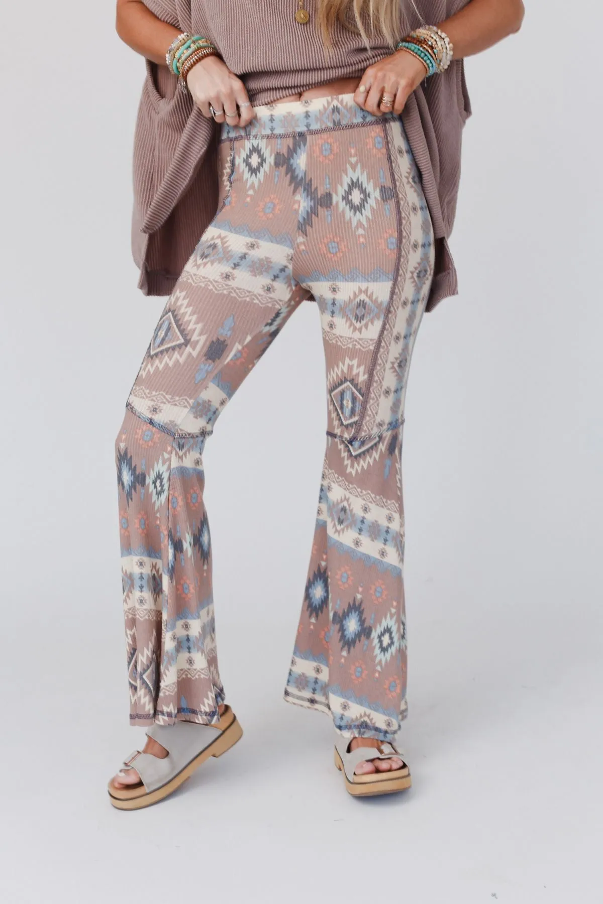 Boho Bliss Ribbed Flare Pants - Taupe