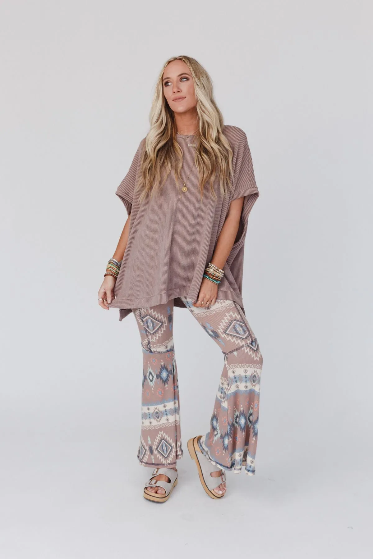 Boho Bliss Ribbed Flare Pants - Taupe