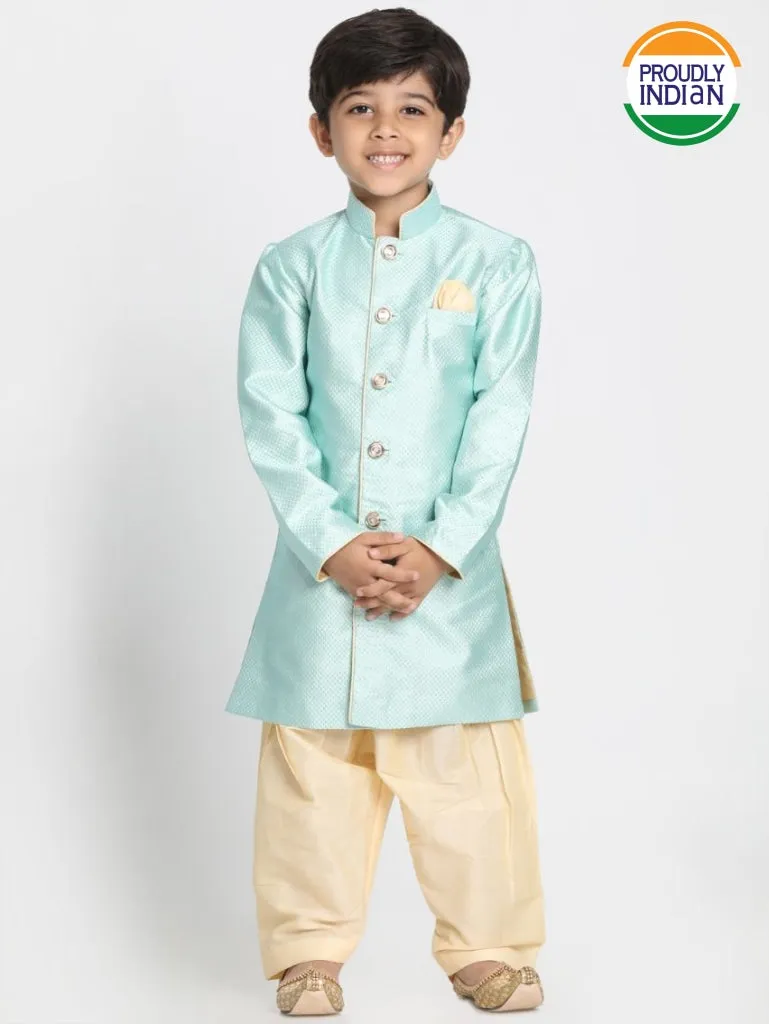 Boys' Mint Green Jute Silk Blend Sherwani Set