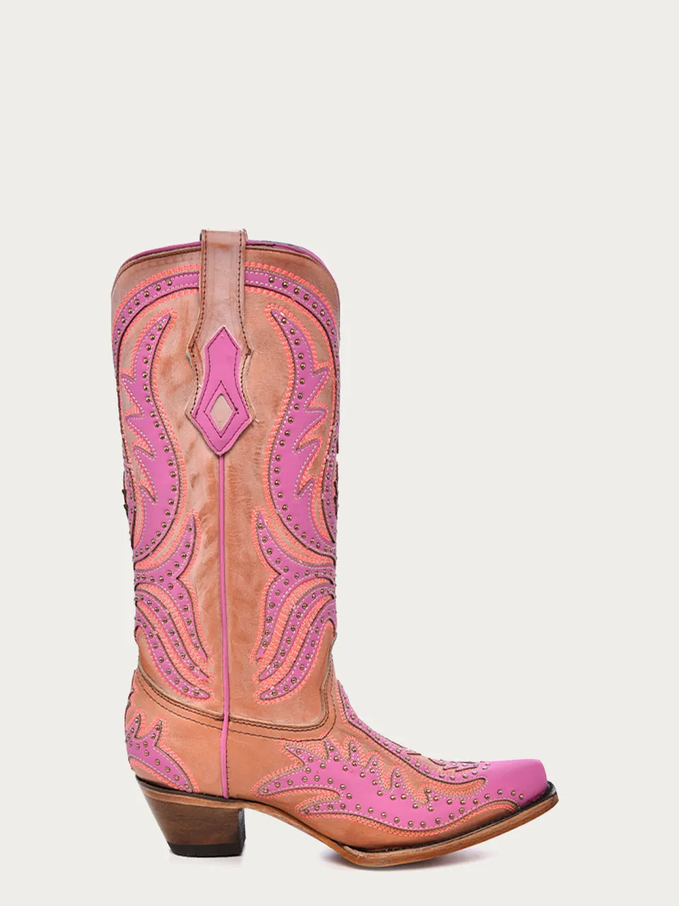 C3970 - WOMEN'S PINK FLOURESCENT EMBROIDERY AND STUDS SNIP TOE COWBOY BOOT