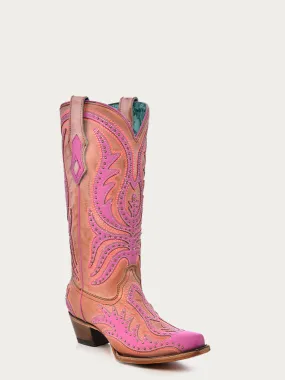 C3970 - WOMEN'S PINK FLOURESCENT EMBROIDERY AND STUDS SNIP TOE COWBOY BOOT