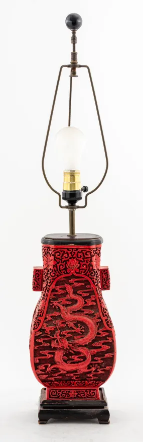 Chinese Cinnabar Lamp with Dragon Motif