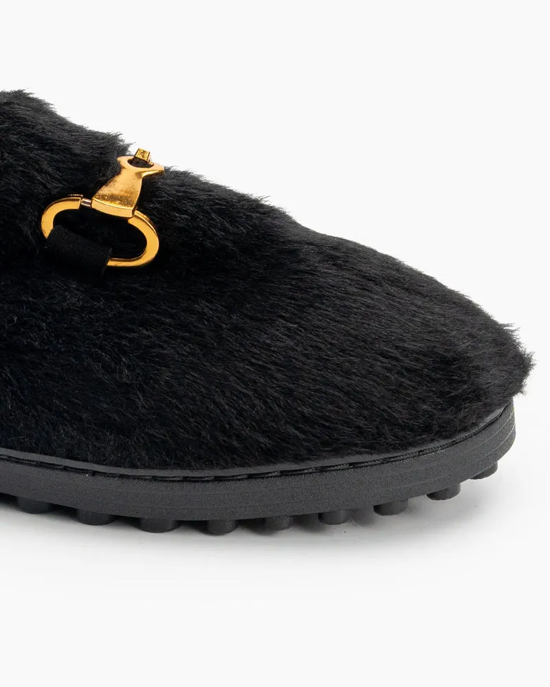 (Clean Up - US 7.5) Classic Metal Buckle Furry Plush Flat Winter Warm Slippers Loafers