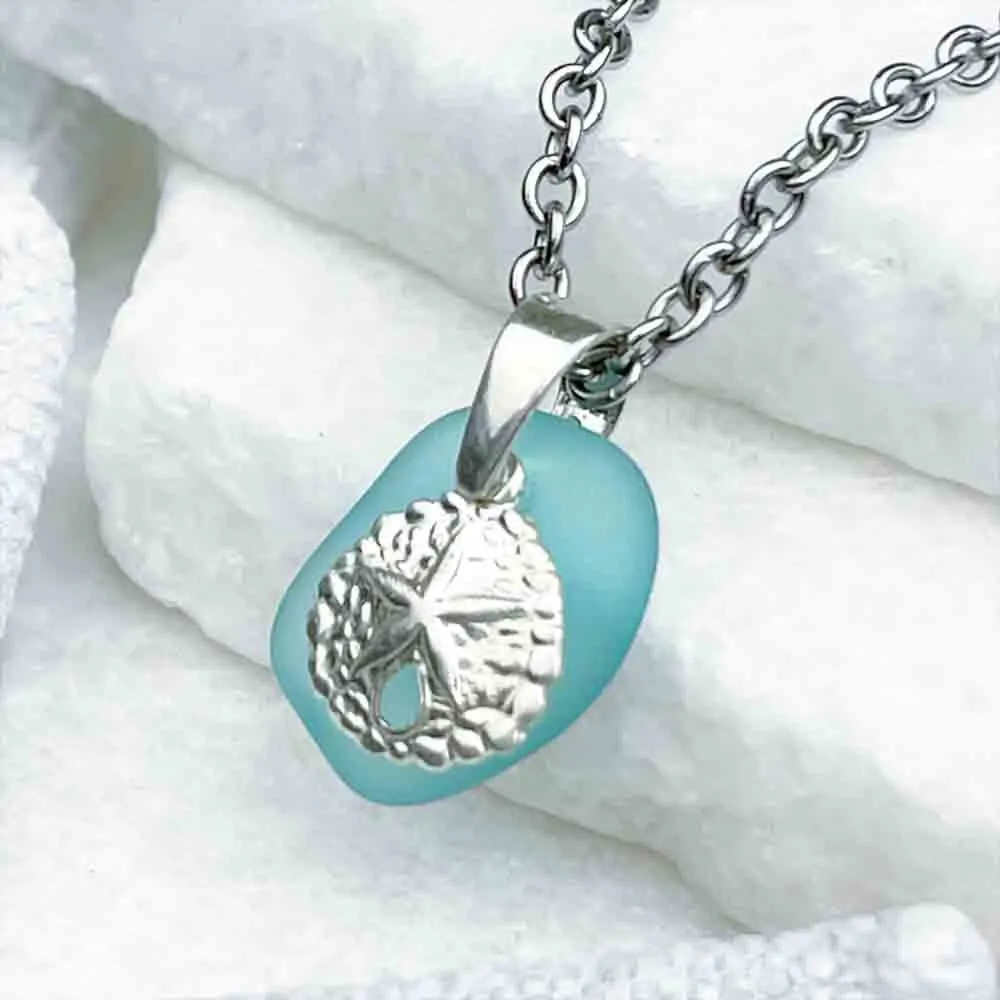 Dainty Bright Aqua Sea Glass Pendant with Sterling Silver Sand Dollar Charm | 5242