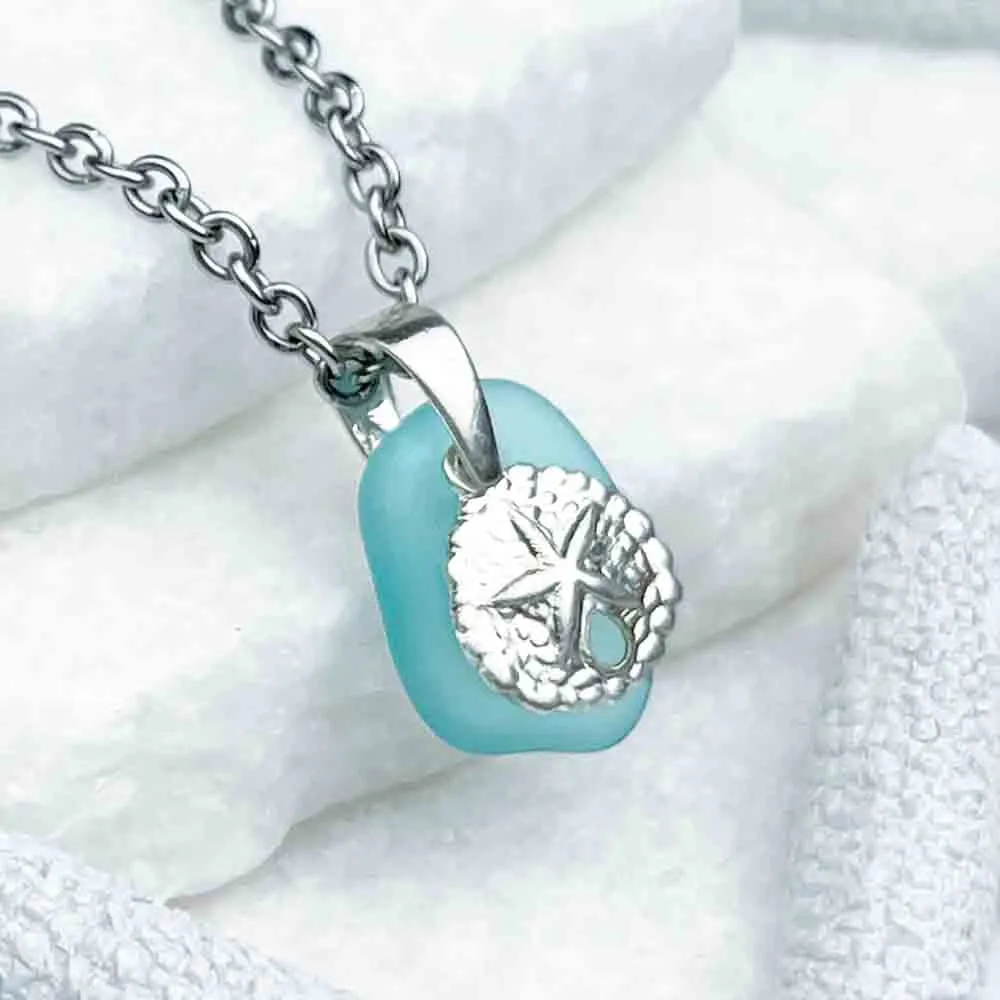 Dainty Bright Aqua Sea Glass Pendant with Sterling Silver Sand Dollar Charm | 5242