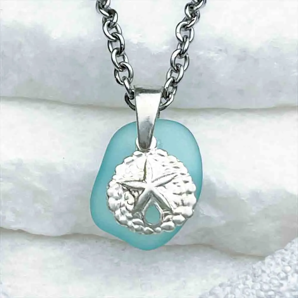 Dainty Bright Aqua Sea Glass Pendant with Sterling Silver Sand Dollar Charm | 5242