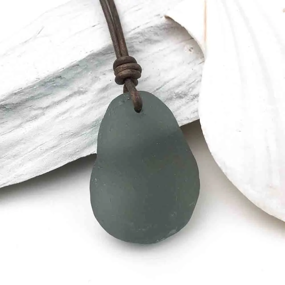 Deep Gray Sea Glass Leather Necklace | #1618