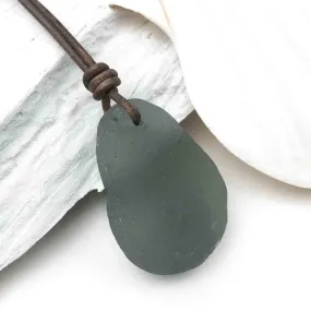 Deep Gray Sea Glass Leather Necklace | #1618