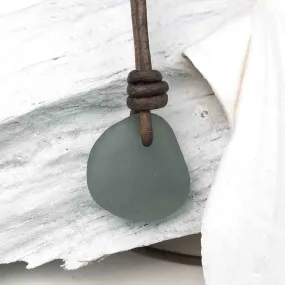 Droplet of Deep Gray Sea Glass Leather Necklace | #1620