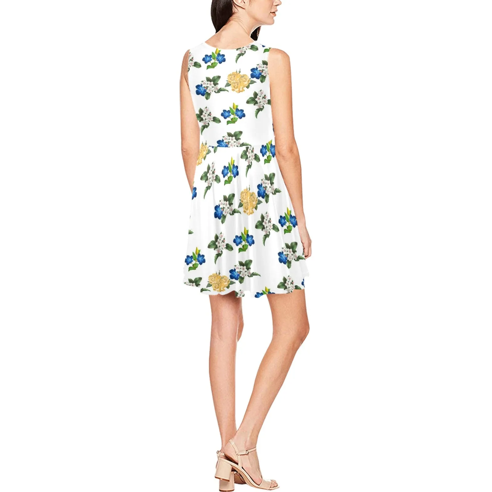 floral alt blue gold white print Thea Sleeveless Skater Dress(Model D19)