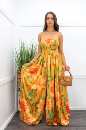 Floral Print Off Shoulder Wide Leg Jumpsuit